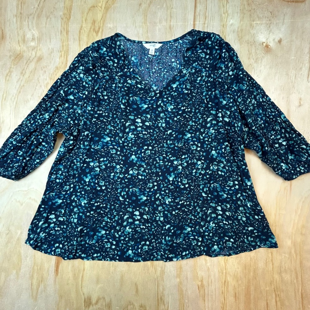 Womens 0X 14W Blue Abstract Dot V-Neck Blouse 3/4 Sleeve Viscose Top
